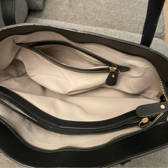 Faux Leather Triple Compartment Tote Bag in black with zippered top closure - Picture 6 of 14